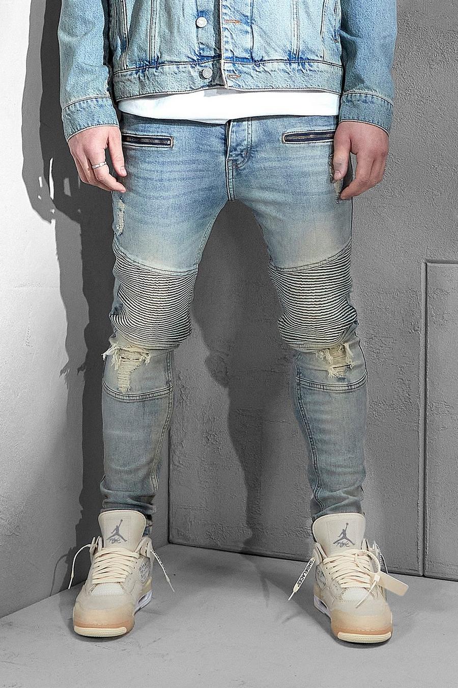 Jeans skinny biker elasticizzati con tasche e cerniera, Azzurro vintage image number 1