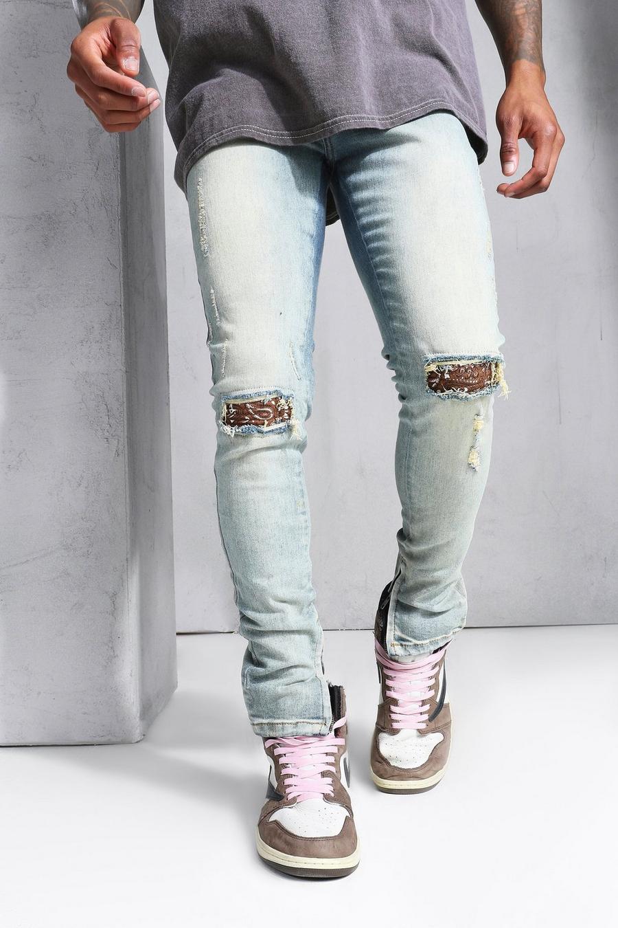 כחול וינטג' ג'ינס סופר סקיני עם קרעים והדפס בנדנה image number 1