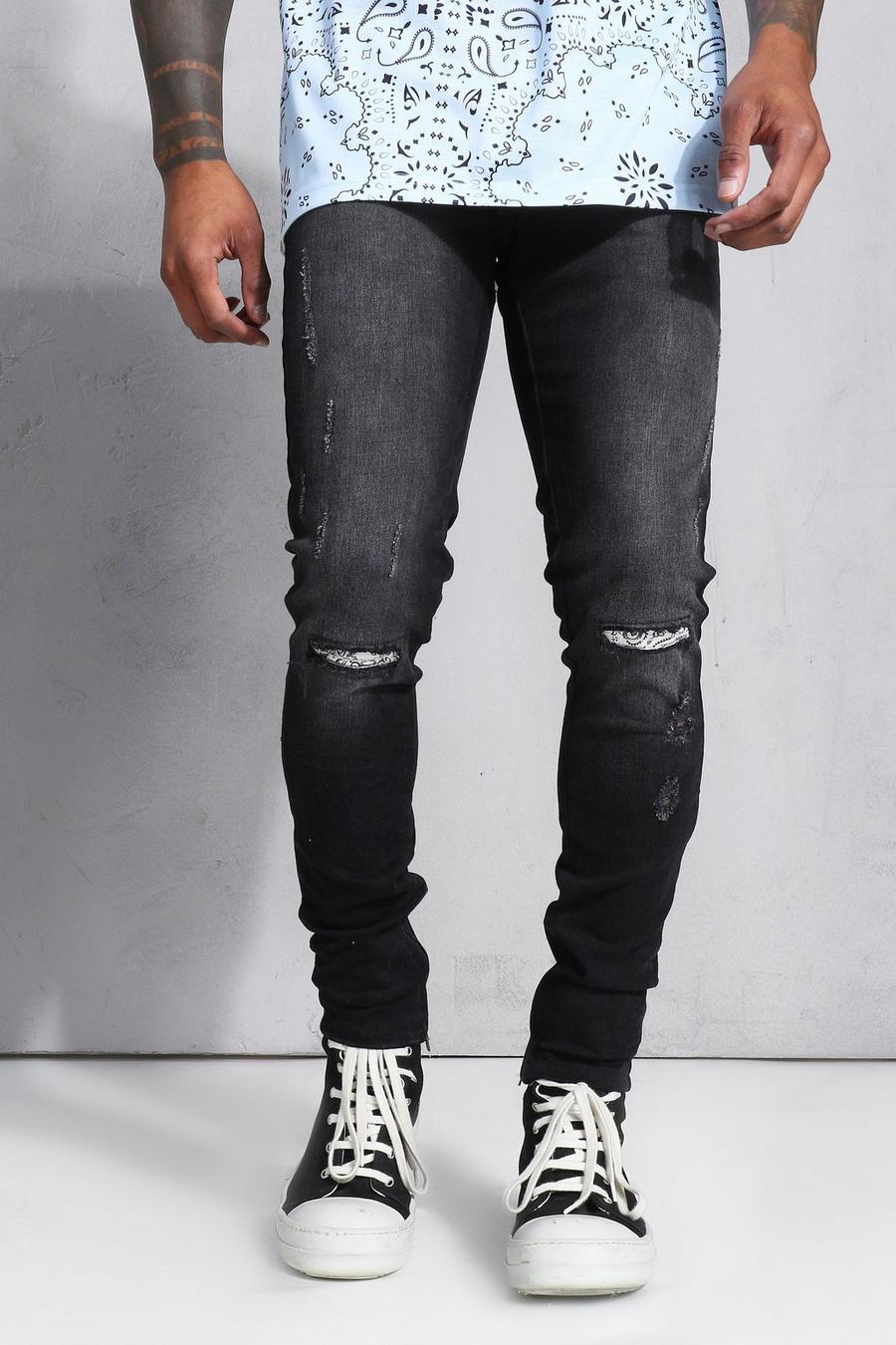 Washed black Gescheurde Bandana Super Skinny Jeans image number 1