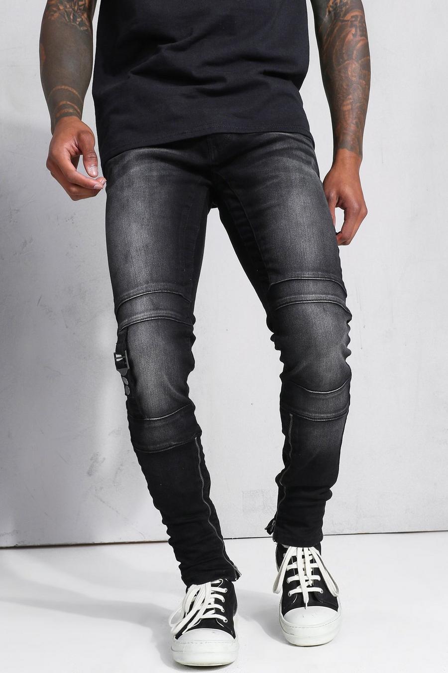 Washed black Stretch Skinny Biker Jeans Met Rits En Gusset image number 1