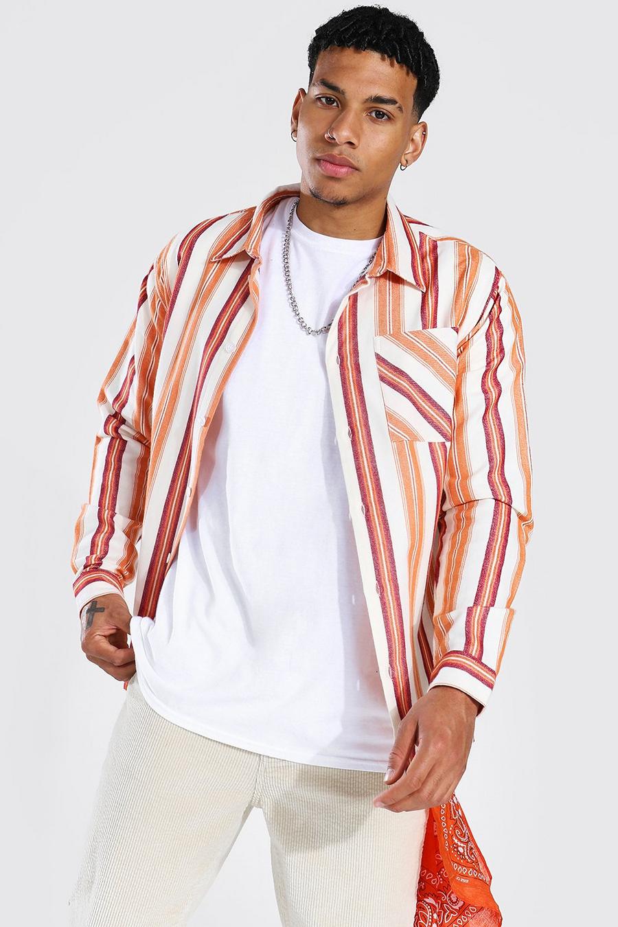 Orange Long Sleeve Striped Flannel Shirt Jacket image number 1