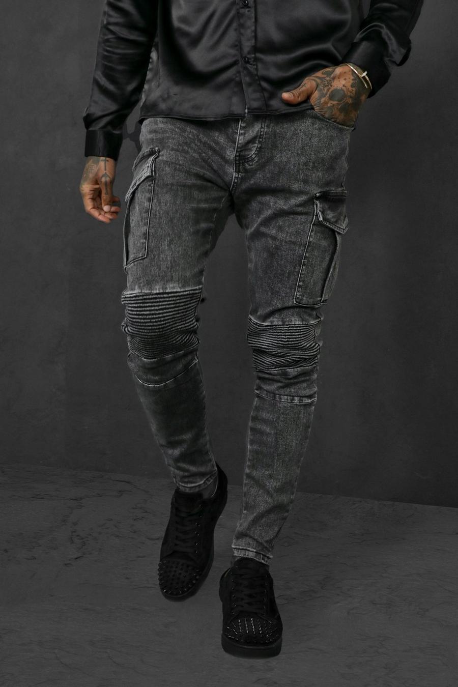 Charcoal Skinny biker jeans med stretch och cargofickor image number 1