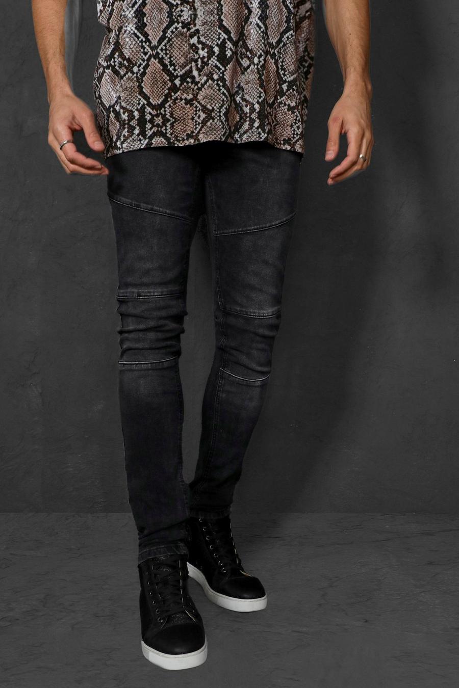Charcoal Skinny Stacked Leg Biker Jeans Met Paneel image number 1