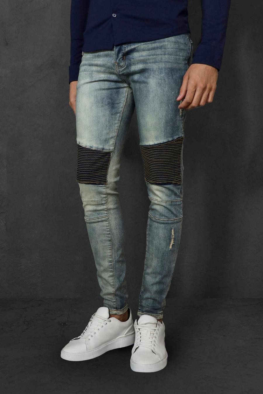 Jeans Skinny Fit elasticizzati stile motociclista con zip laterale, Antique blue image number 1
