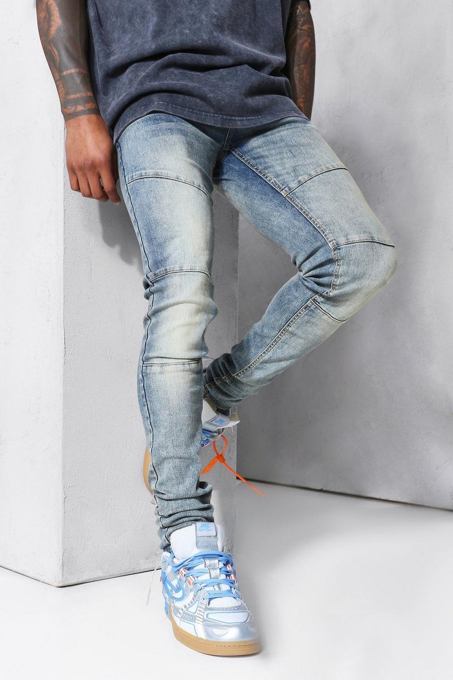 Jeans stile Biker Skinny Fit con pannelli e pieghe sul fondo, Antique blue image number 1