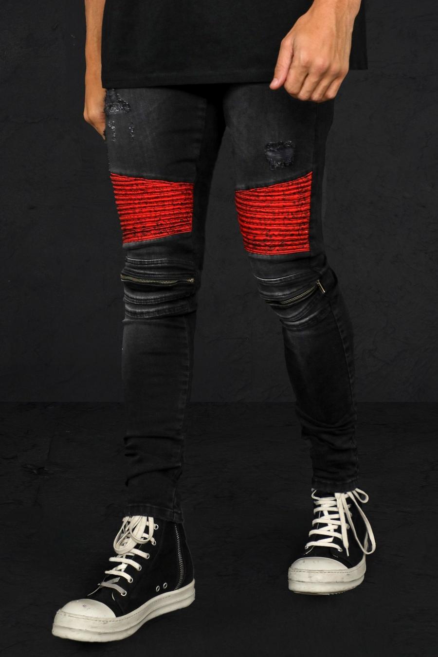 שחור דהוי סקיני ג'ינס אופנוענים עם רוכסן והדפס בנדנה image number 1