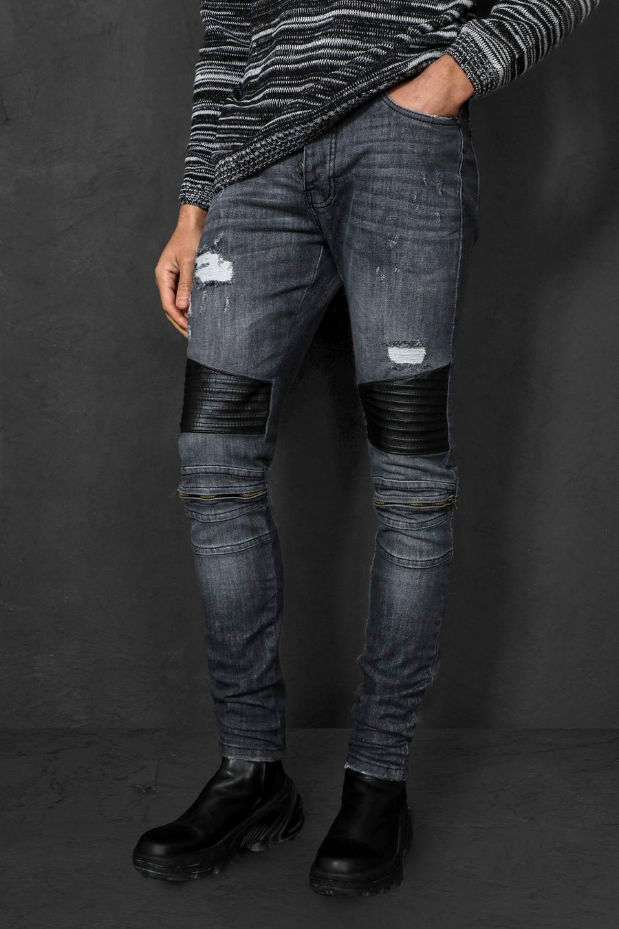 אפור ביניים סקיני ג'ינס אופנוענים מפוליאוריתן עם רוכסן image number 1