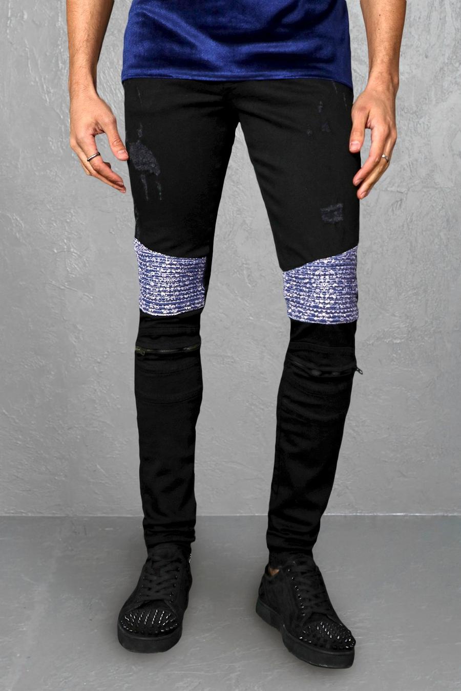 שחור אמיתי ג'ינס אופנוענים סקיני עם רוכסן, דוגמת בנדנה וקצוות נערמים image number 1