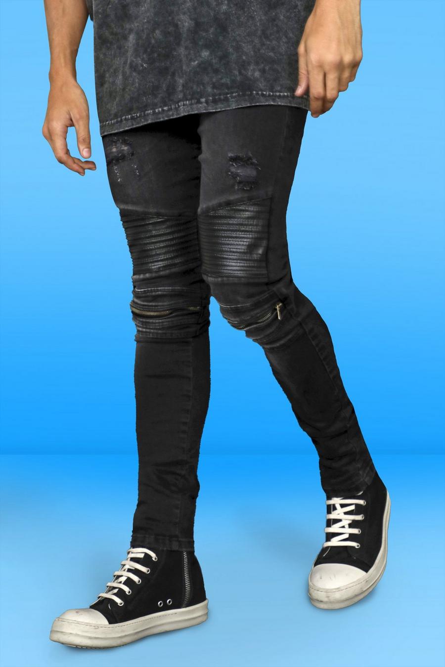 Jeans stile Biker Skinny Fit in PU con pieghe sul fondo e zip, Nero effetto lavato image number 1