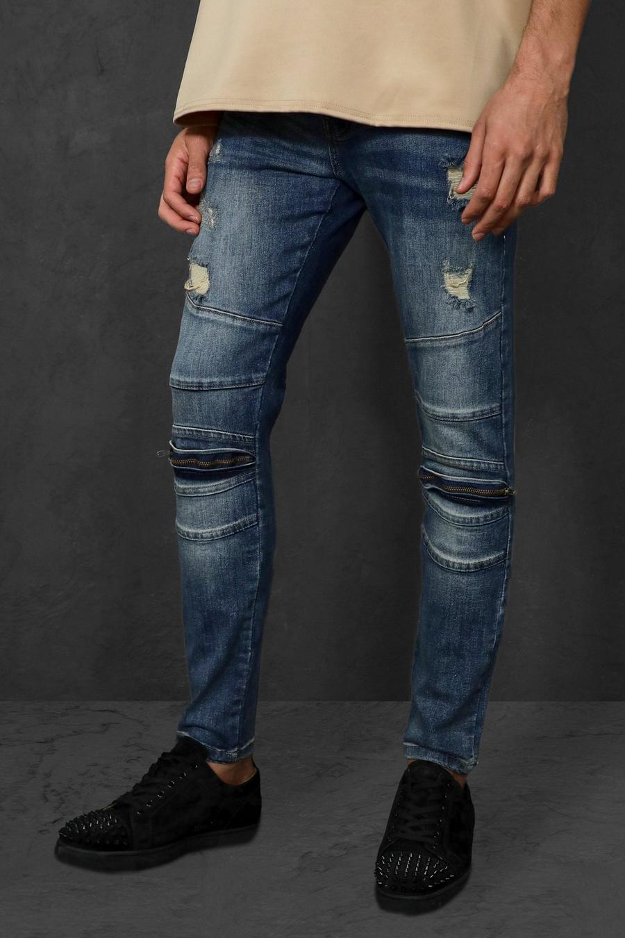 כחול עתיק סקיני ג'ינס אופנוענים סטרץ' עם רוכסן image number 1
