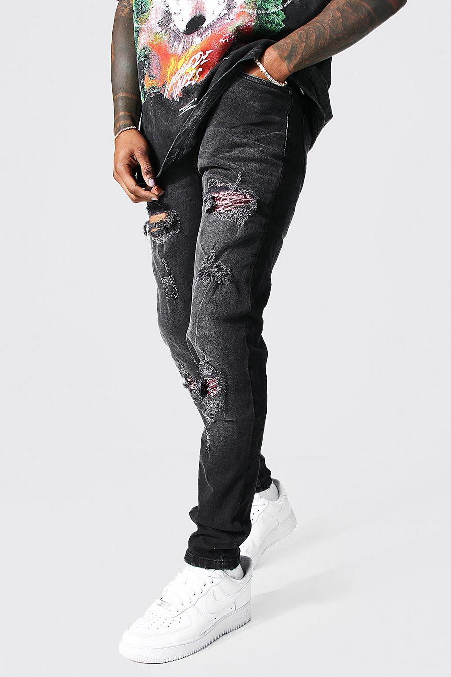 Washed black Skinny biker jeans med stretch och bandanamönster image number 1