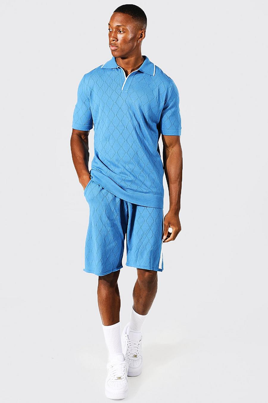 Pale blue blå Textured Knitted Polo And Short Set image number 1
