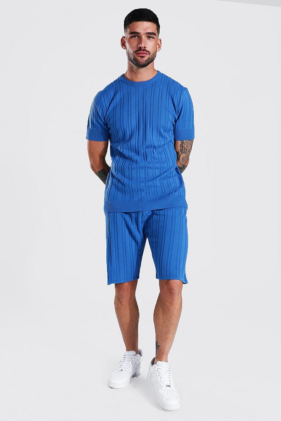 Dusty blue Stickad t-shirt och shorts med struktur image number 1