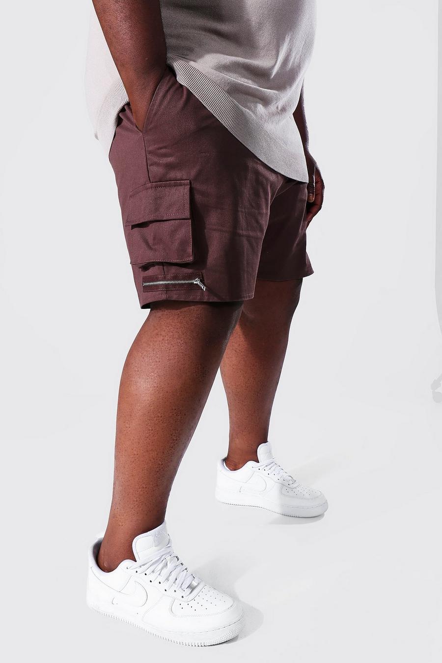 Plus Man Twill Cargo-Shorts mit Taschen und Reißverschluss, Chocolate image number 1