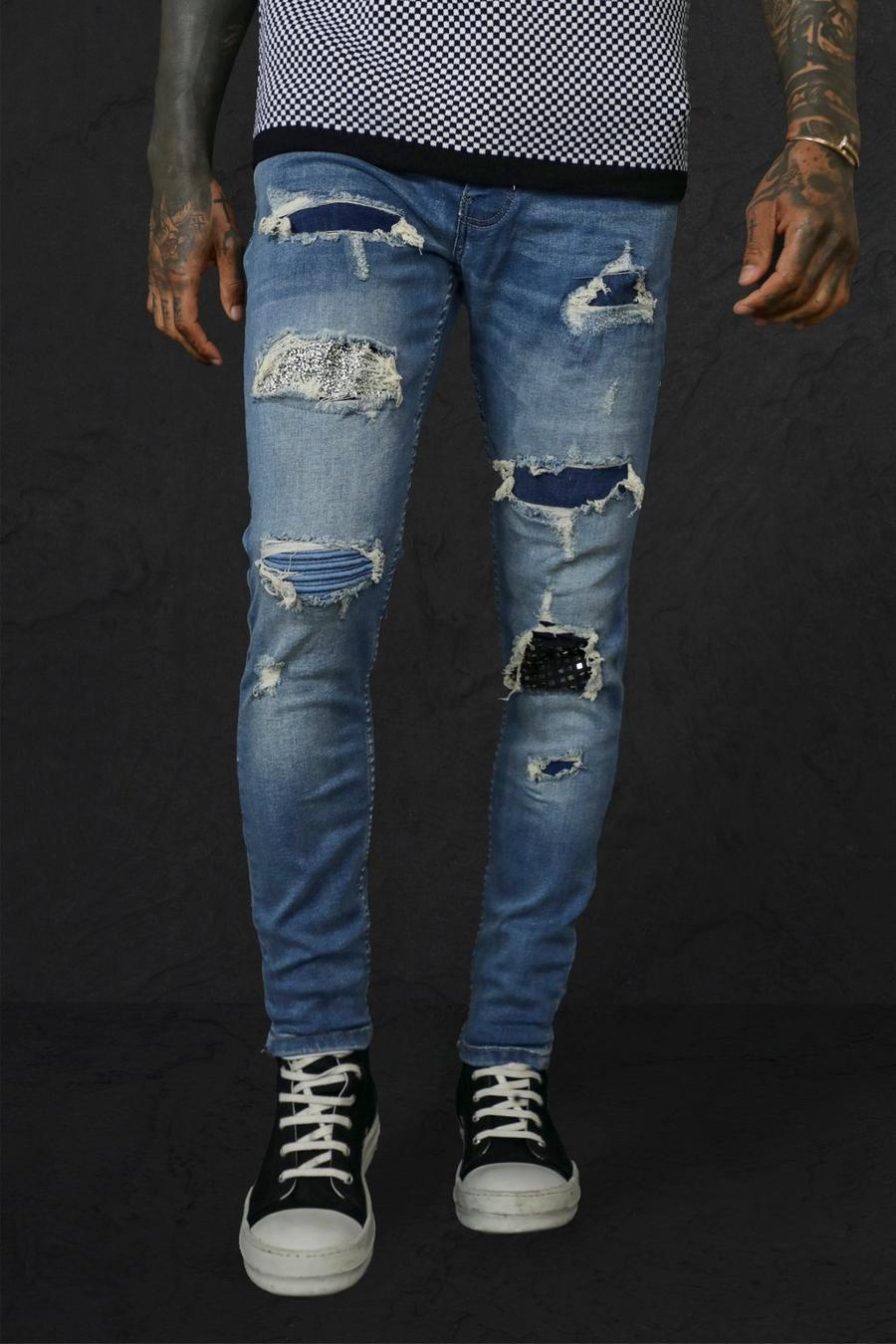 Mid blue Stretch Rip & Repair Skinny Jeans Met Steentjes image number 1
