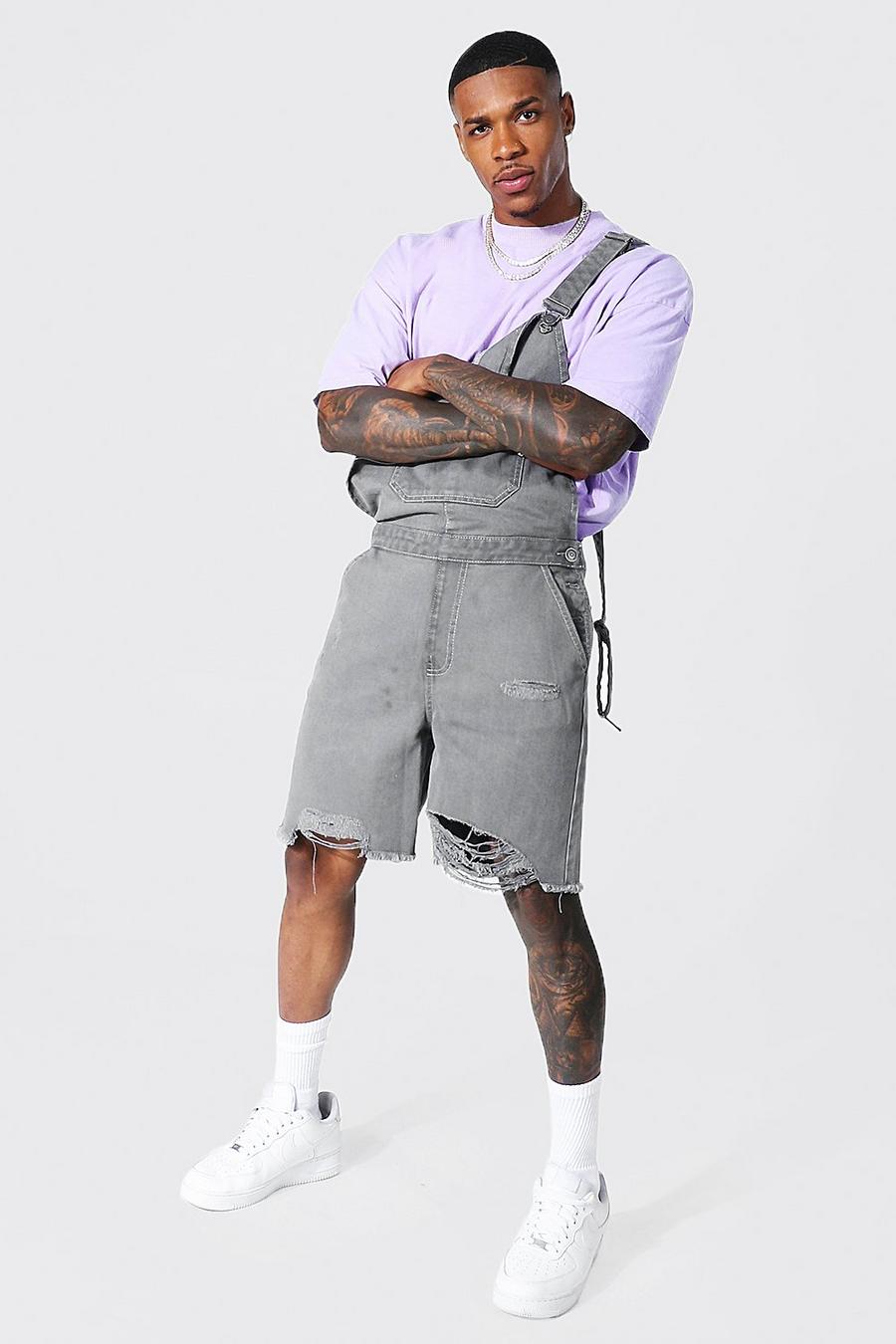Charcoal Relaxed Fit Distressed Short Dungaree image number 1