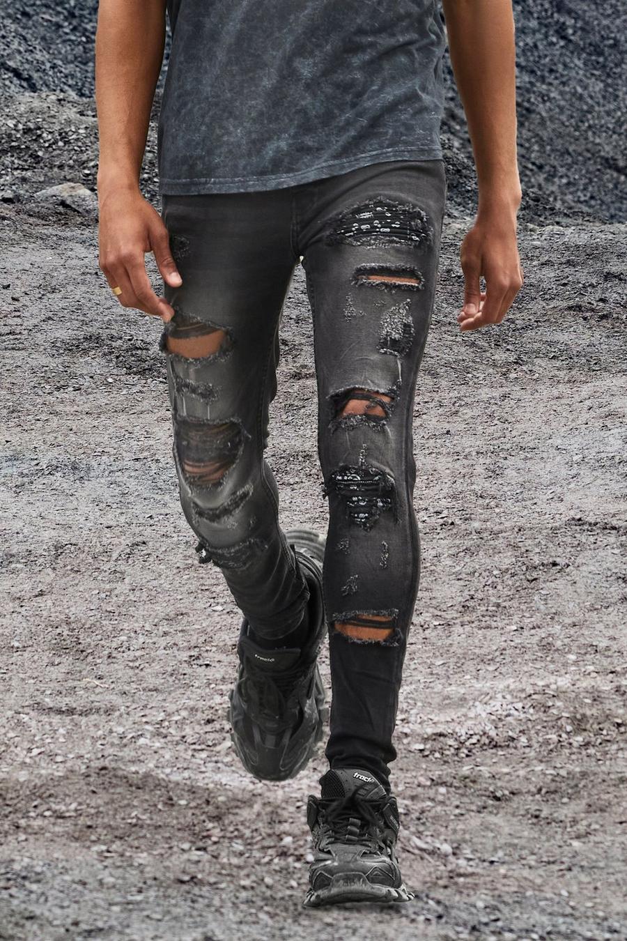 Washed black Super Skinny All Over Rip Repair Biker Jeans image number 1