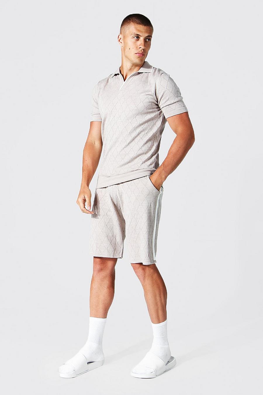 Stone Textured Knitted Polo And Short Set image number 1