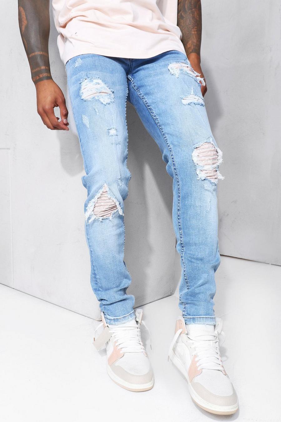 Jeans stile motociclista Skinny elasticizzati in fantasia a bandana con strappi, Ice blue image number 1