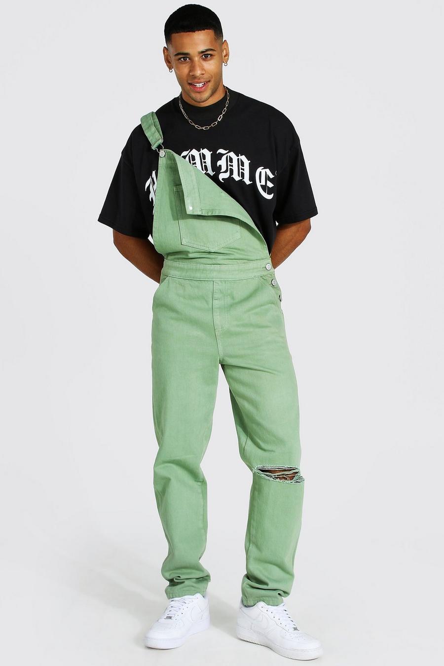 Pale green Relaxed Fit Rigid Washed Long Dungaree image number 1
