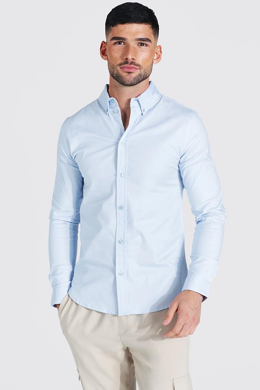 Blue Long Sleeve Plain Oxford Muscle Shirt image number 1