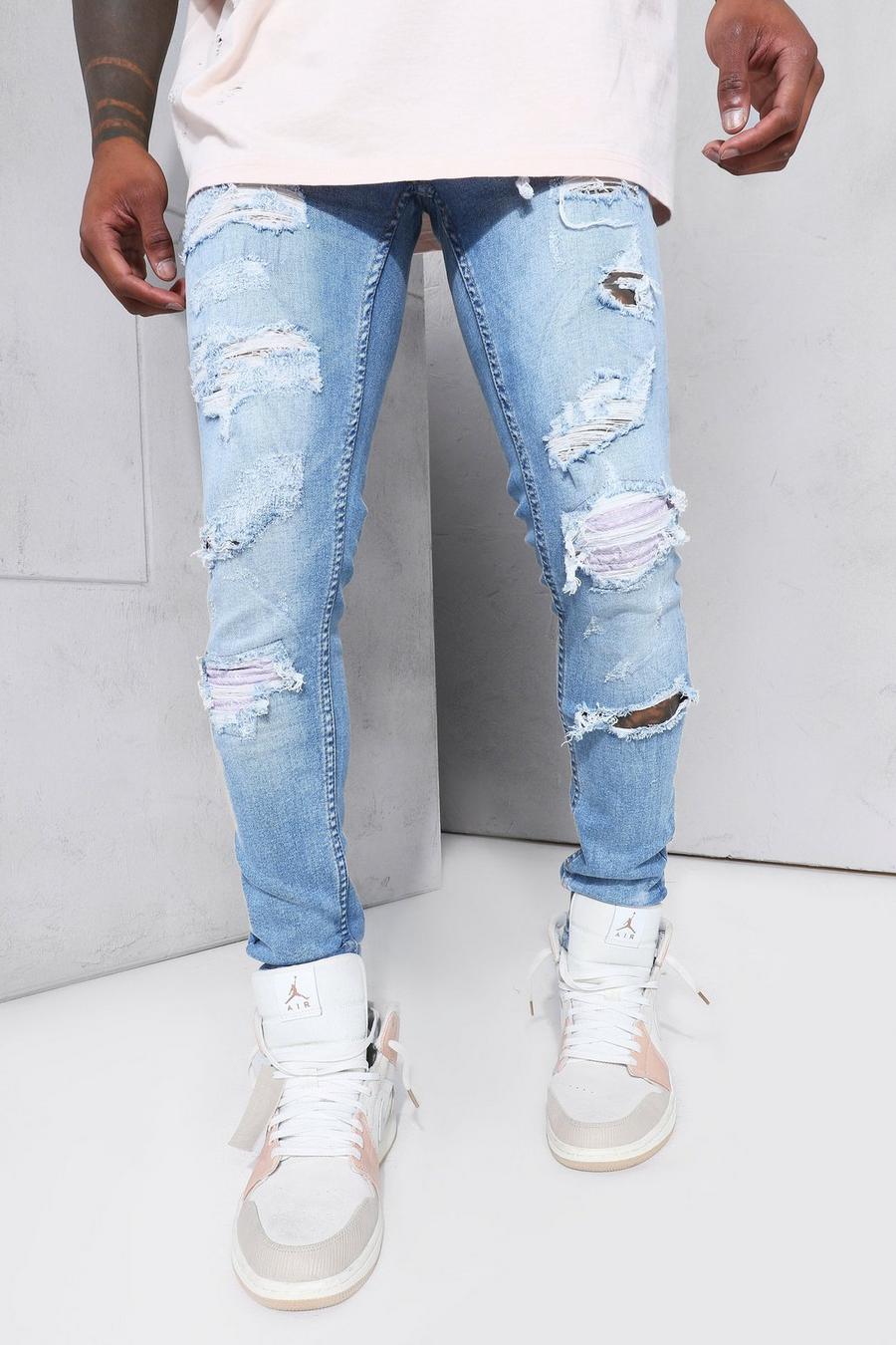 Jeans stile motociclista Super Skinny con strappi e rattoppi all over, Light blue image number 1