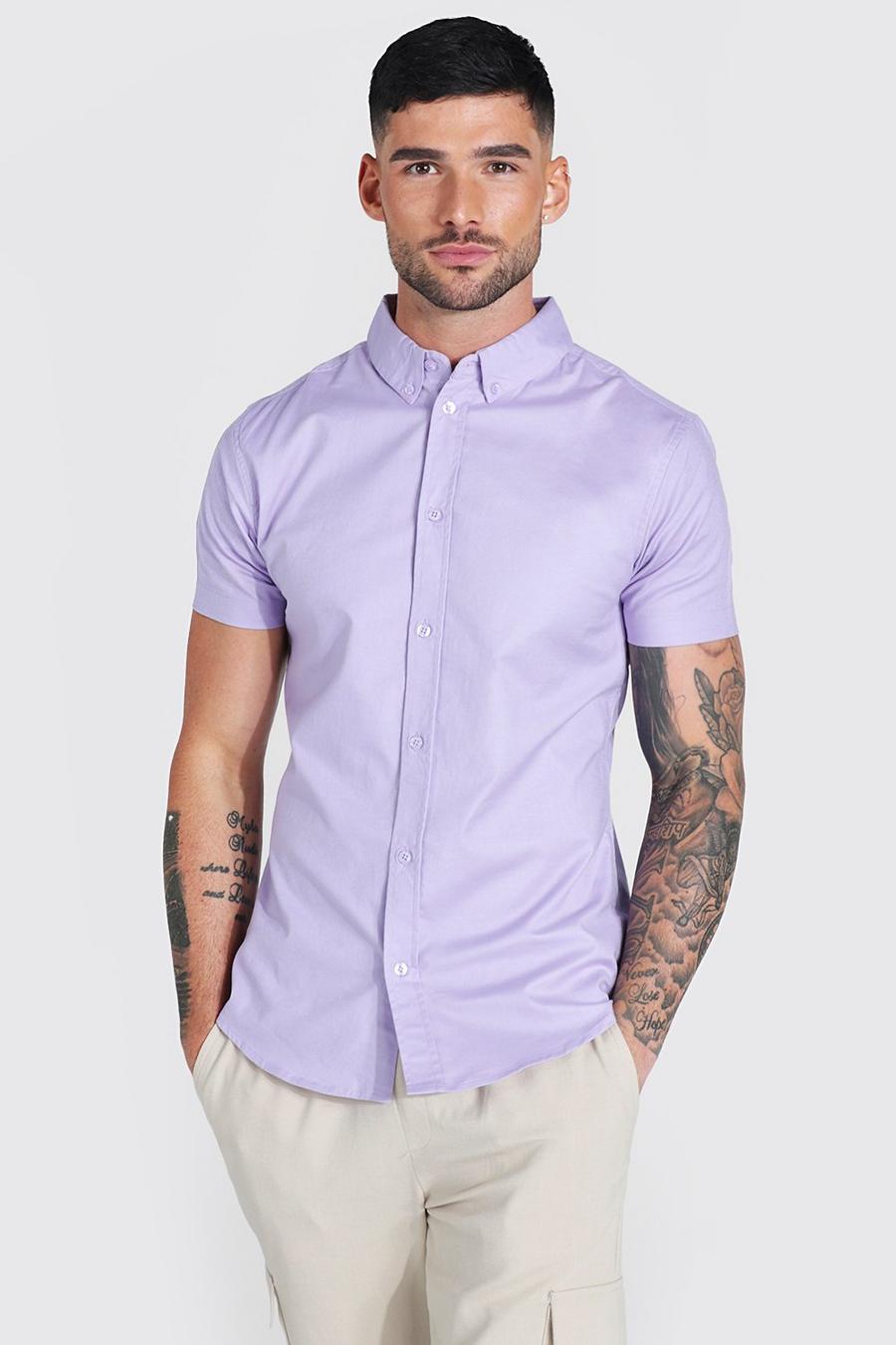 Lilac Short Sleeve Plain Oxford Muscle Shirt image number 1