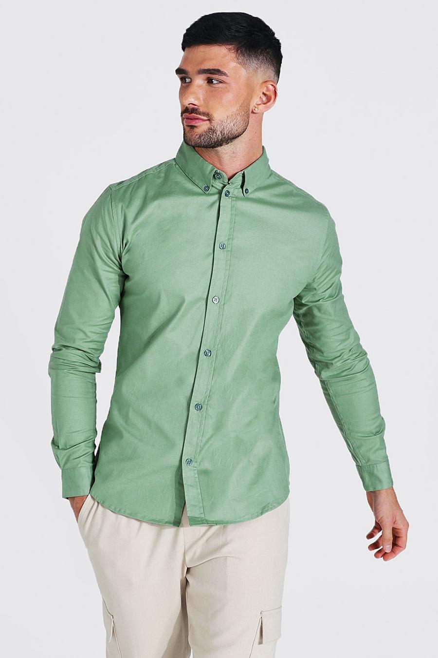 Khaki Long Sleeve Plain Oxford Muscle Shirt image number 1