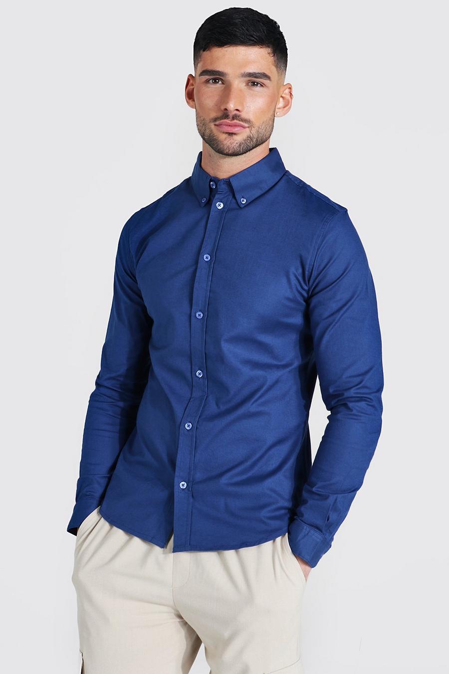 Navy Long Sleeve Plain Oxford Muscle Shirt image number 1