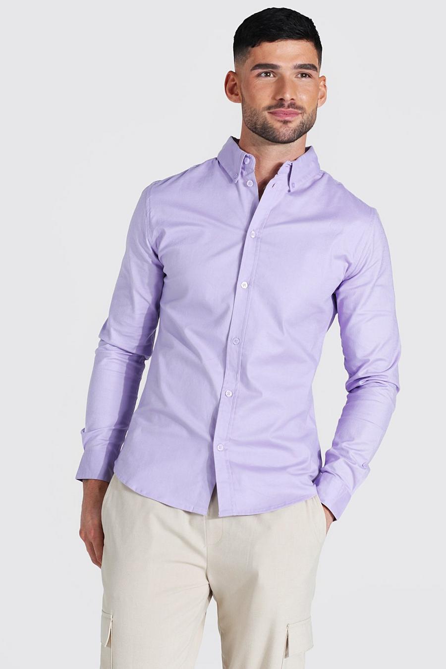 Lilac Long Sleeve Plain Oxford Muscle Shirt image number 1