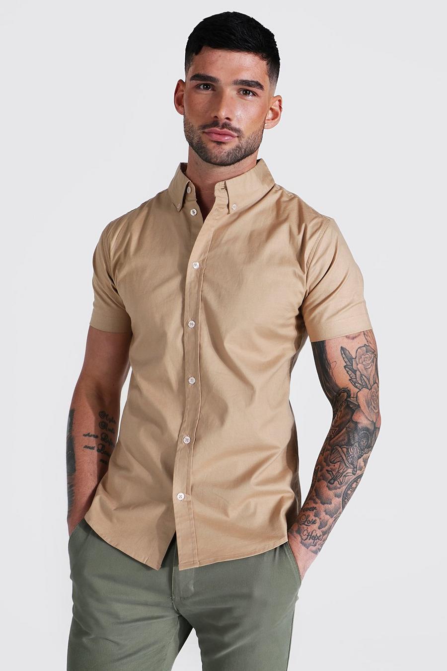 Tan Short Sleeve Plain Oxford Muscle Shirt image number 1