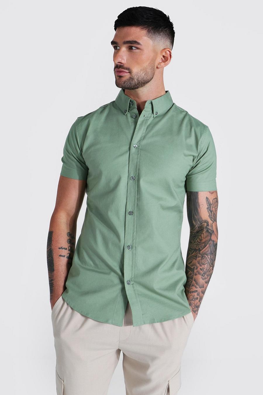 Khaki Short Sleeve Plain Oxford Stretch Shirt image number 1