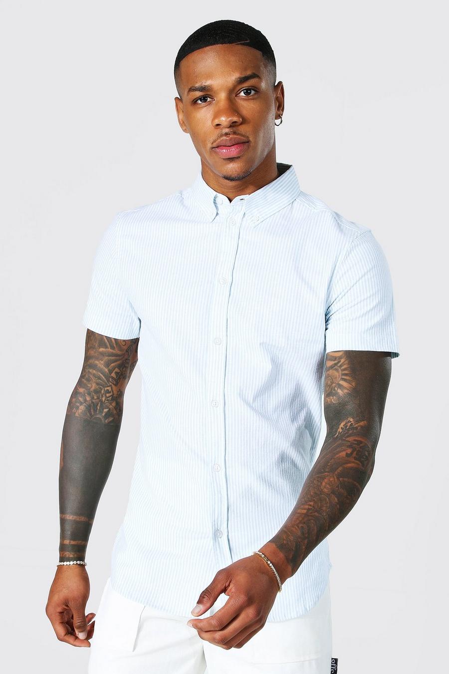 White Oxford Thin Stripe Short Sleeve Muscle Shirt image number 1