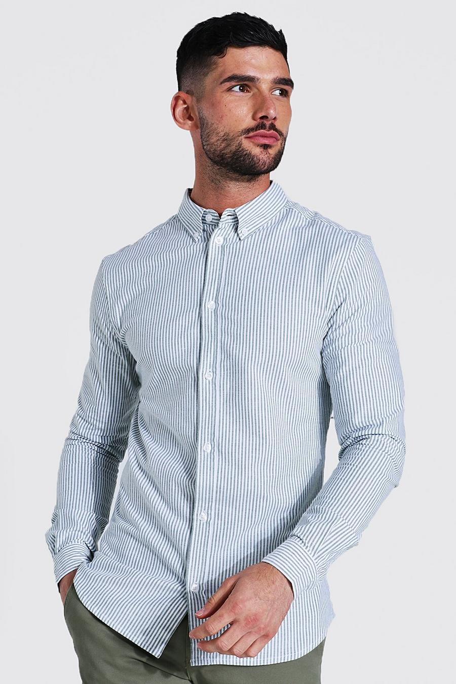 White Oxford Thin Stripe Long Sleeve Muscle Shirt image number 1