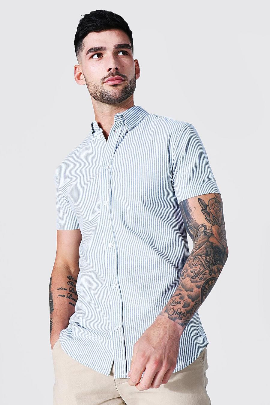 White Oxford Thin Stripe Short Sleeve Muscle Shirt image number 1