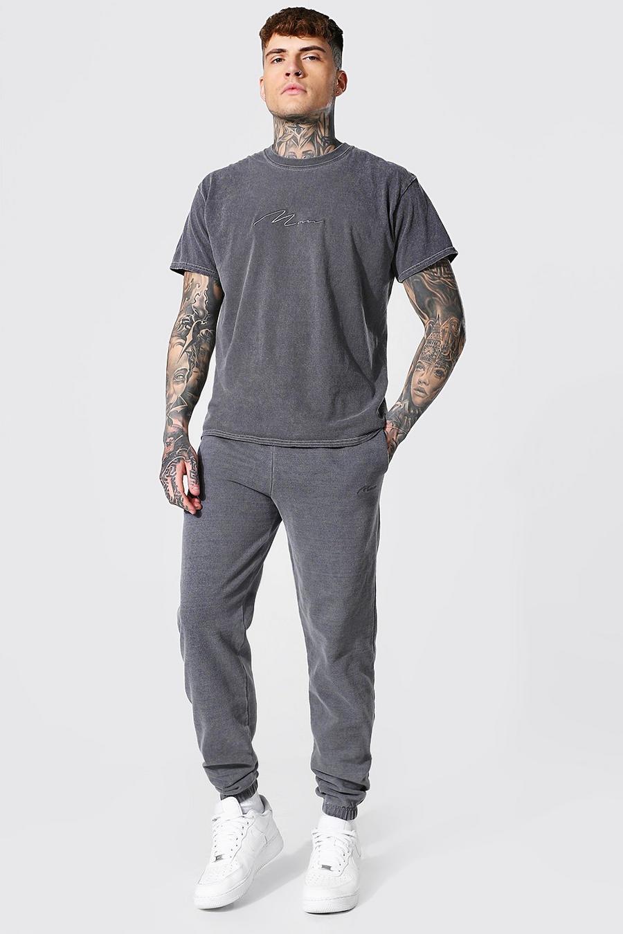 Charcoal Overdyed Man Signature T-Shirt & Track Pant Set image number 1