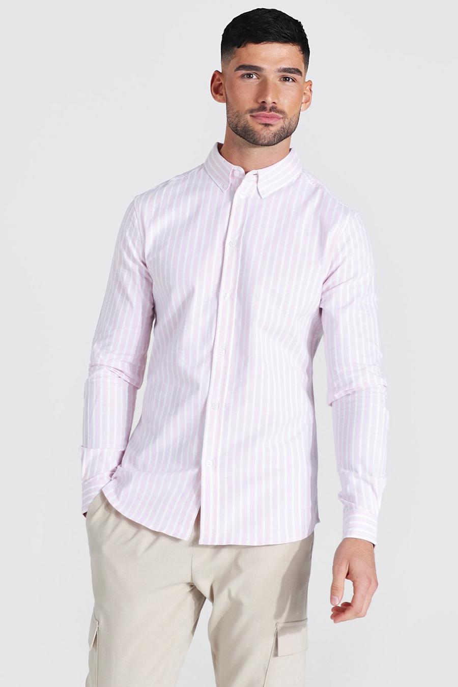 Pink Oxford Thick Stripe Long Sleeve Muscle Shirt image number 1