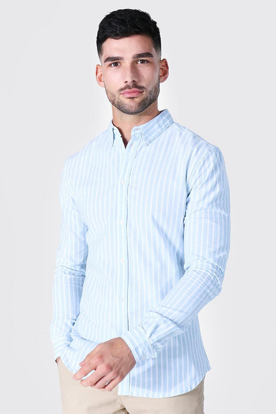 Sky blue Oxford Thick Stripe Long Sleeve Muscle Shirt image number 1