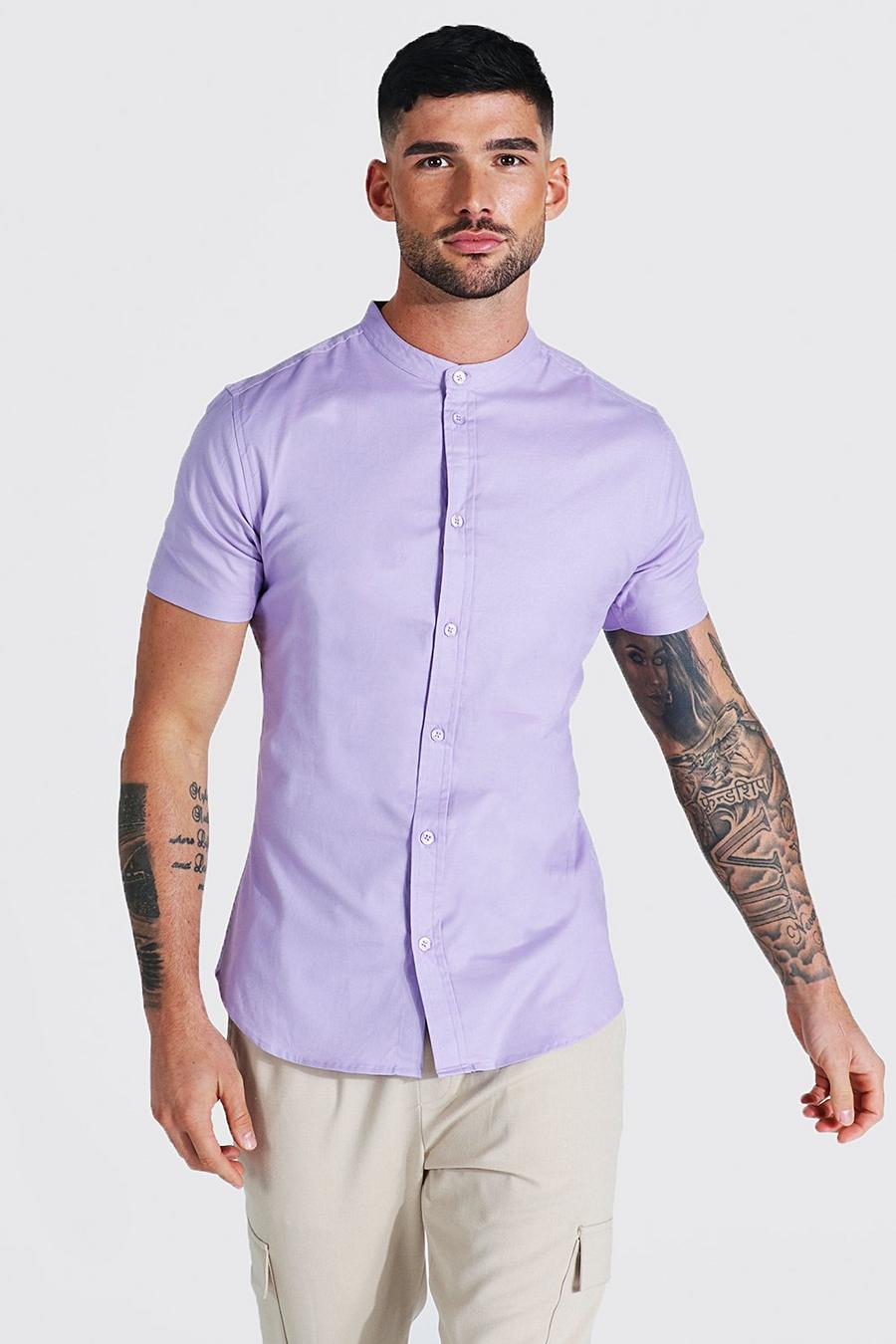 Lilac Plain Grandad Collar Oxford Muscle Shirt image number 1