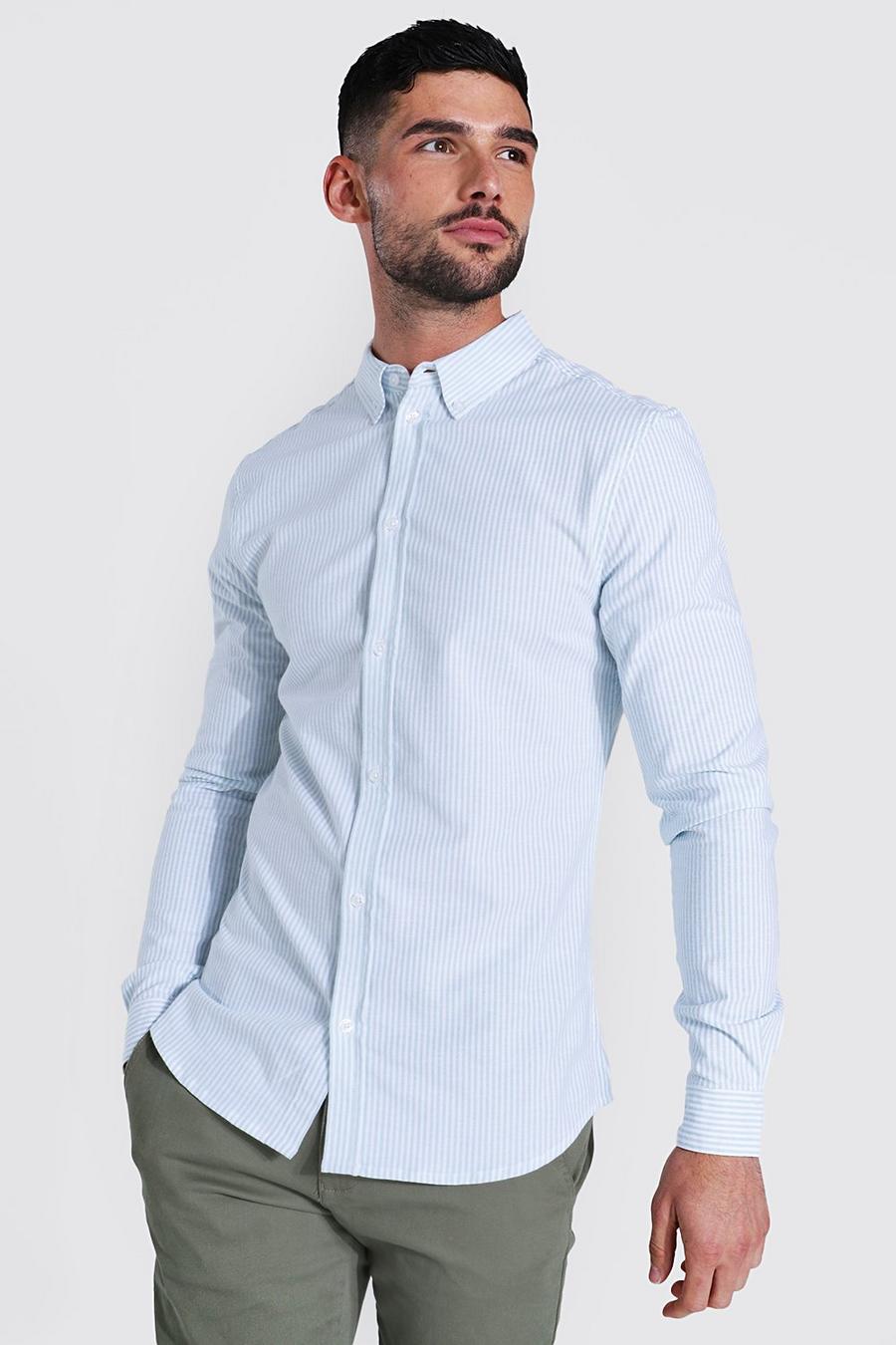 White Oxford Thin  Stripe Long Sleeve Muscle  Shirt