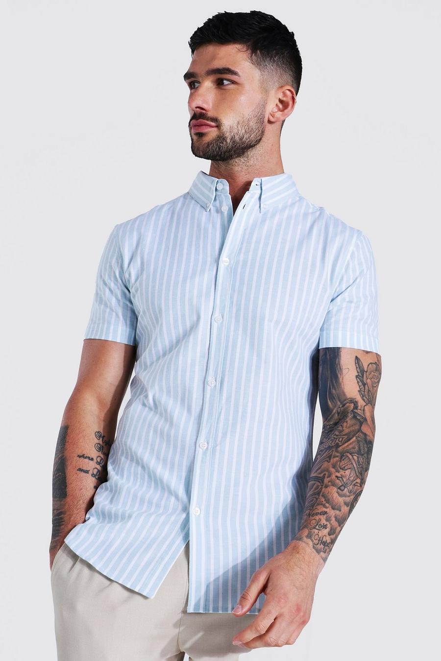 Sky blue Oxford Thick Stripe Short Sleeve Muscle Shirt image number 1