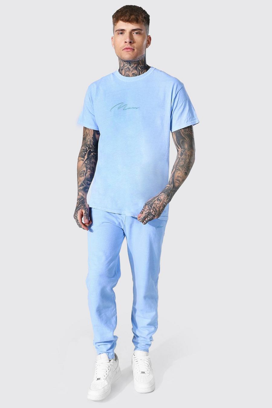 Light blue Overdyed Man Signature T-Shirt & Track Pant Set image number 1