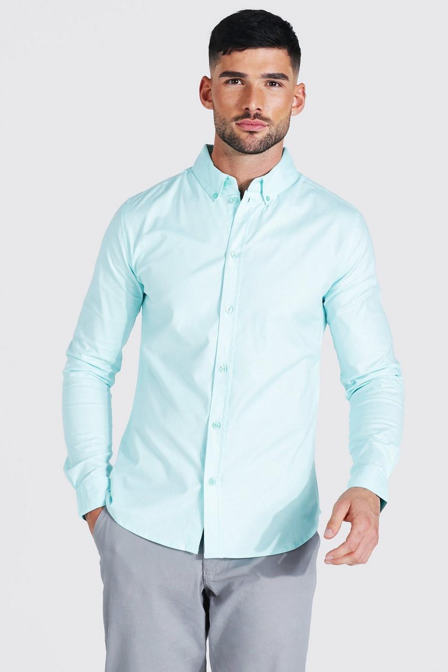 Mint Long Sleeve Plain Oxford Muscle Shirt image number 1