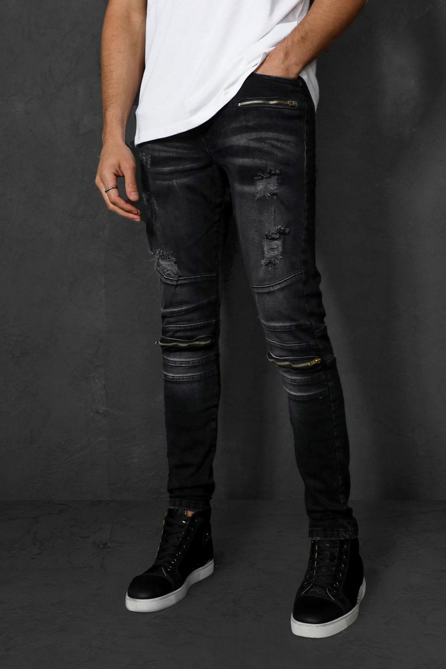 Jeans skinny biker elasticizzati con cerniera, Nero effetto lavato image number 1