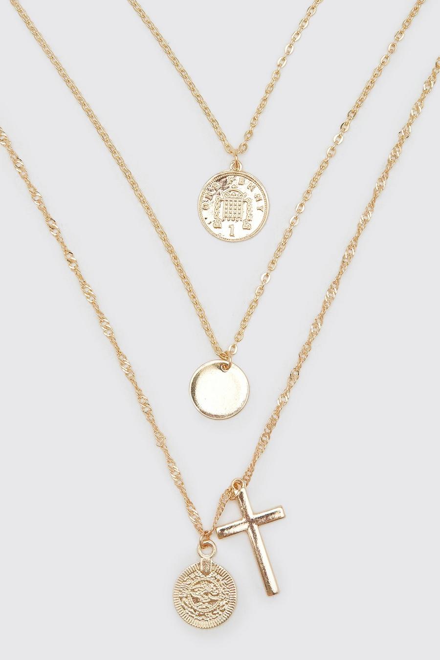 Gold Multi Layer Coin And Cross Necklace image number 1