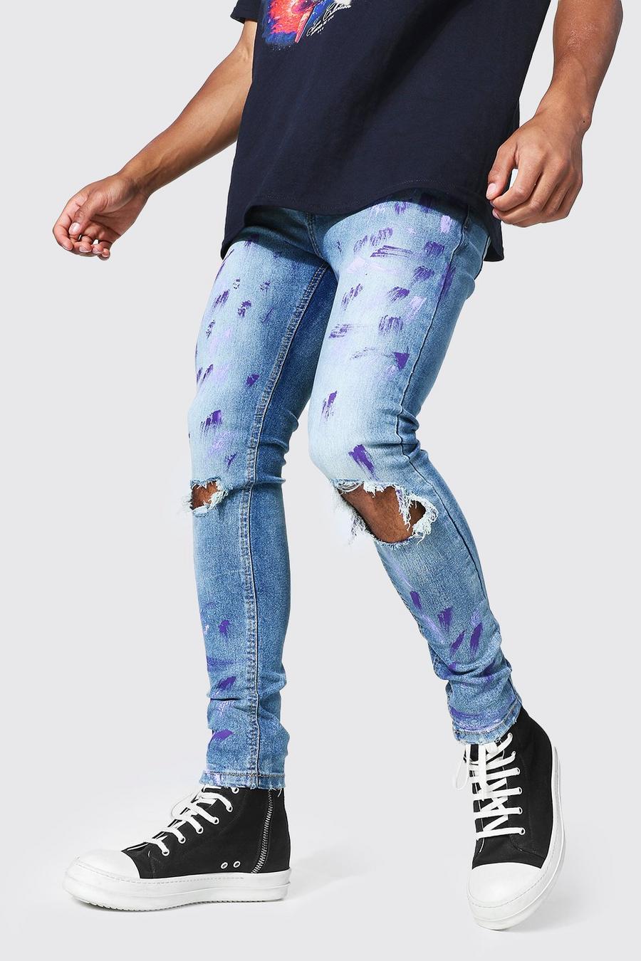 Jeans Super Skinny con strappi sulle ginocchia e pennellate di colore, Mid blue image number 1