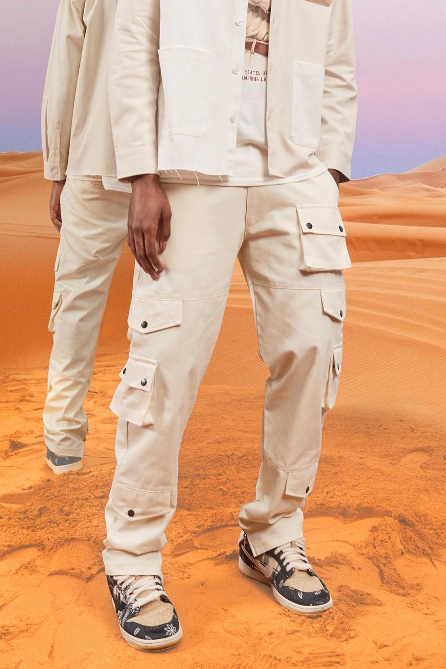 Pantalón de sarga cargo holgado con cintura fija, Ecru image number 1