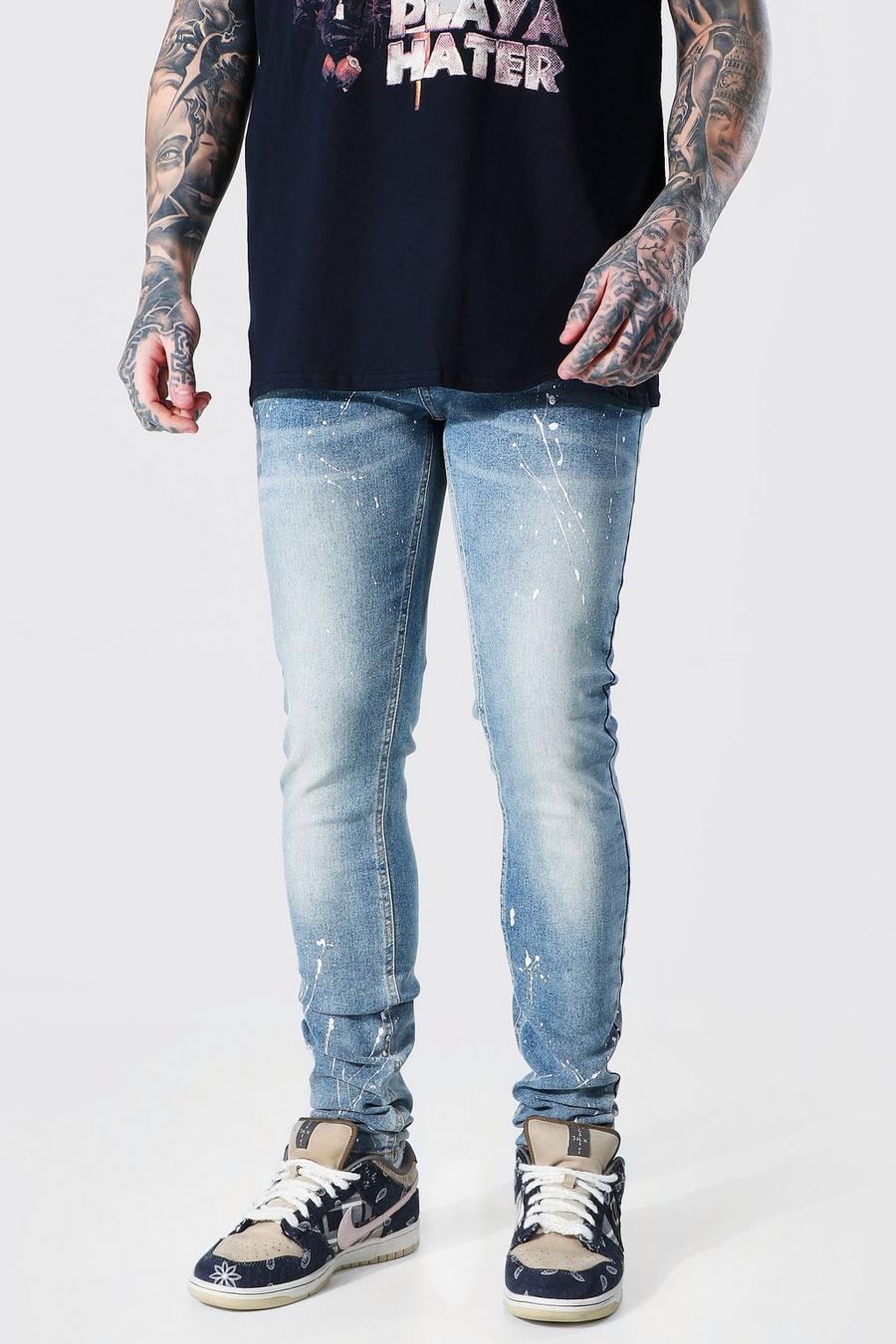 Mid blue Skinny Stretch Stacked Paint Splatter Jeans image number 1