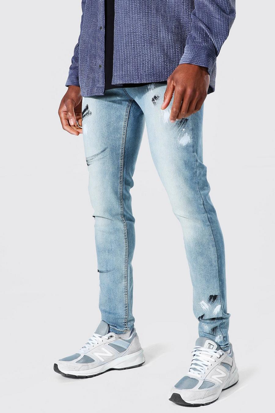 Light blue Stretch Skinny Jeans Met Verf Detail image number 1