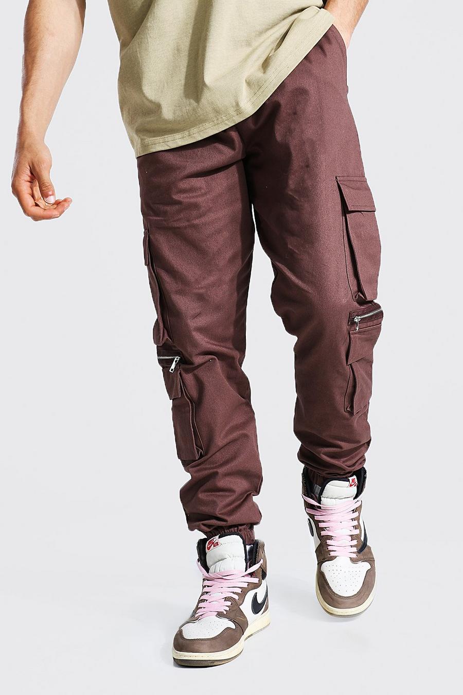 Pantalones cortos con bolsillos de sarga con varios bolsillos y cremalleras Man, Chocolate image number 1